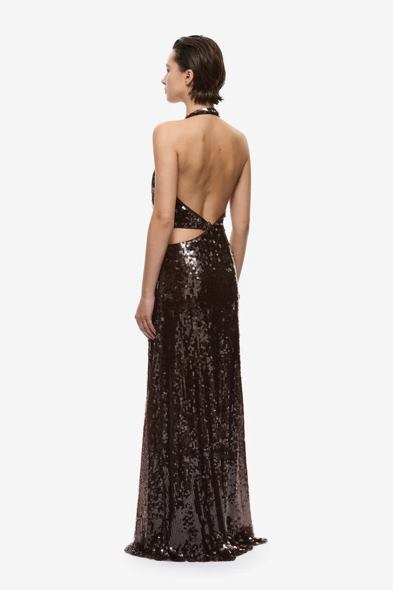 MISHA Devon Sequin Halter Gown (Chocolate) in Size 8