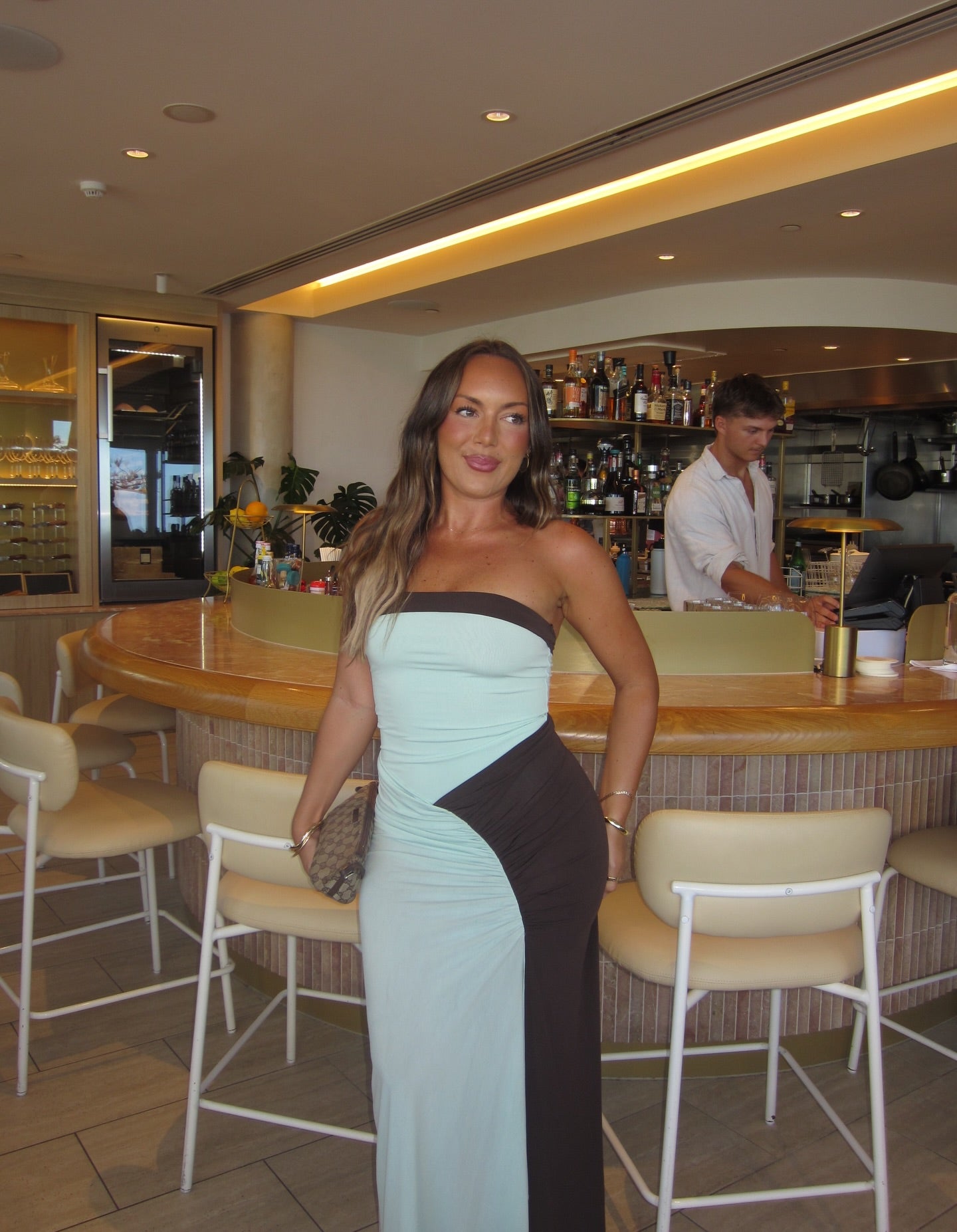 Benni Rumi Strapless Maxi – (Aqua / Chocolate) in size 10