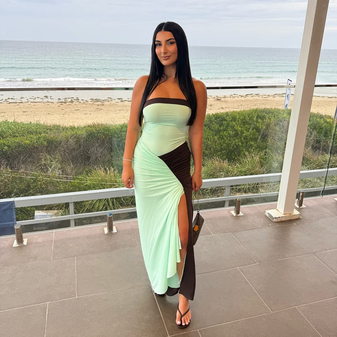 Benni Rumi Strapless Maxi – (Aqua / Chocolate) in size 10