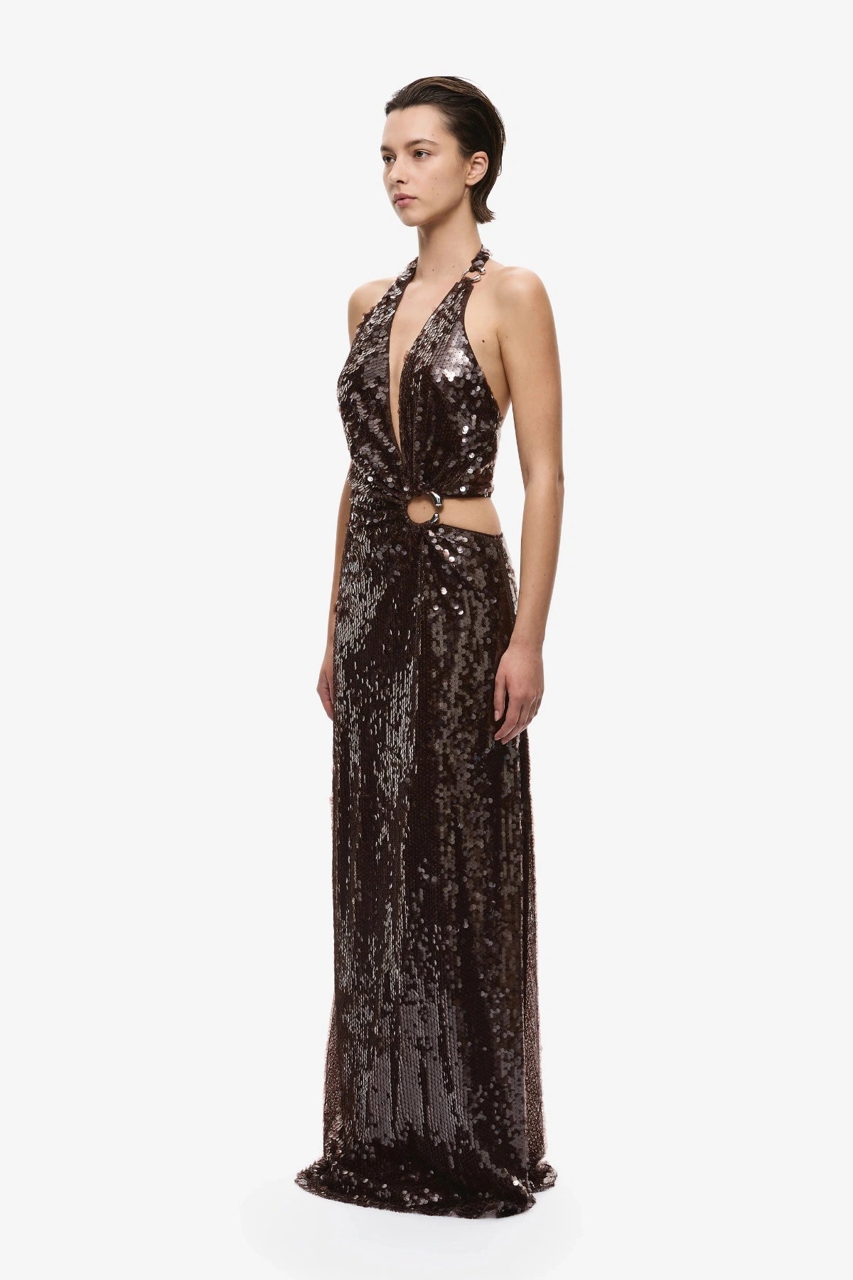 MISHA Devon Sequin Halter Gown (Chocolate) in Size 8