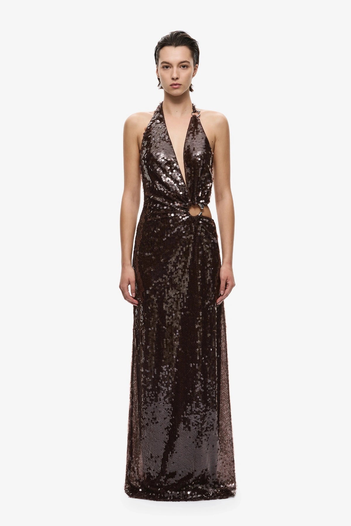 MISHA Devon Sequin Halter Gown (Chocolate) in Size 8