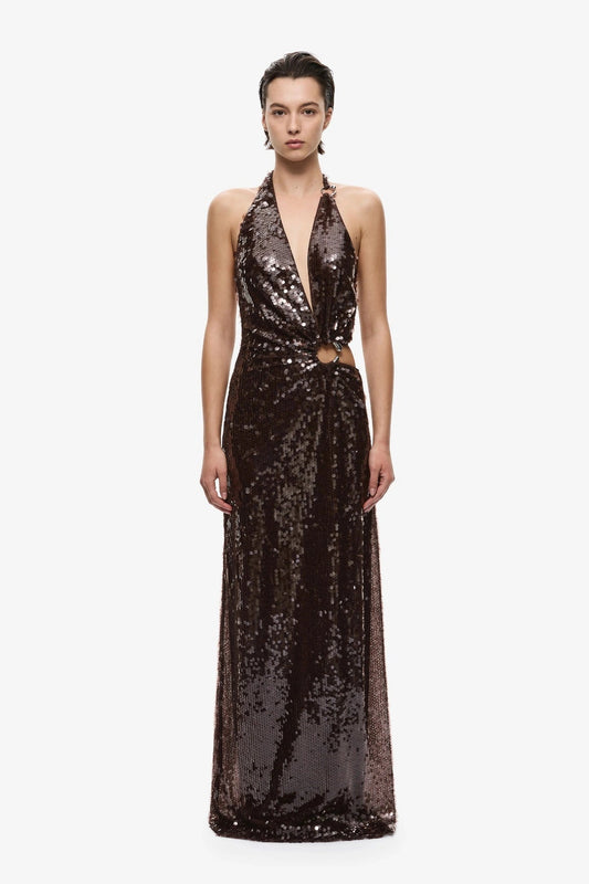 MISHA Devon Sequin Halter Gown (Chocolate) in Size 8